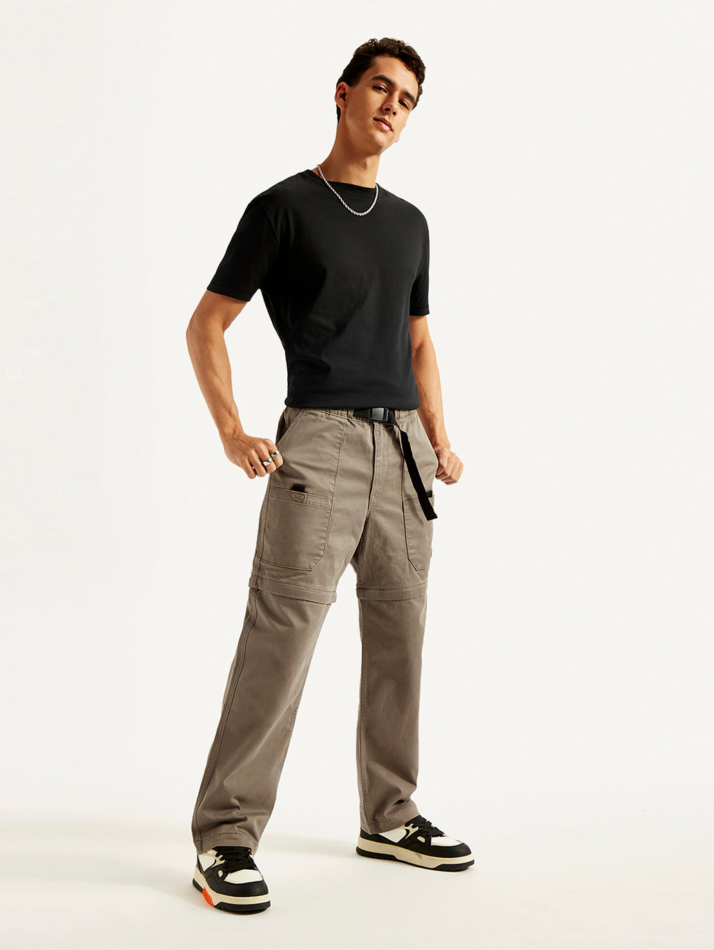 Men's Taupe Regular Fit Utility Cargo Trousers - Elevated View