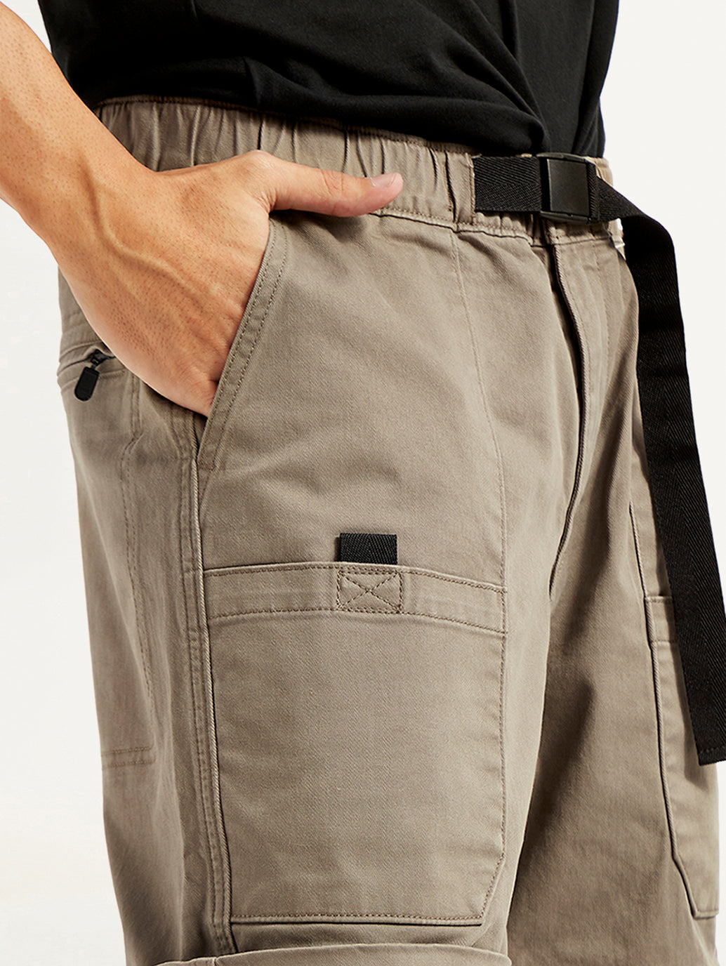 Men's Taupe Regular Fit Utility Cargo Trousers - Detail View