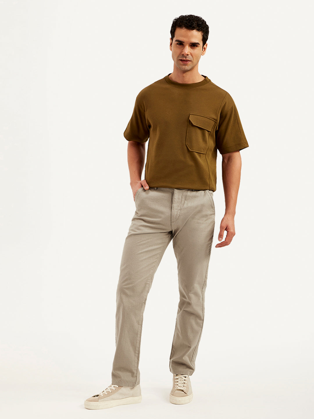 Men's Brown Authentic Straight Fit Linen Chinos - Front View