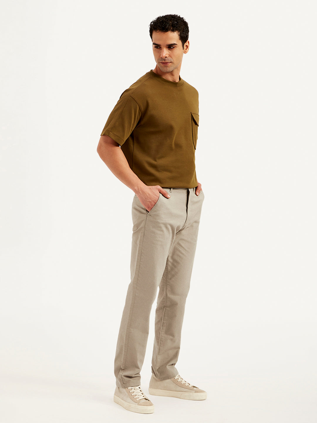 Men's Brown Authentic Straight Fit Linen Chinos - Side View