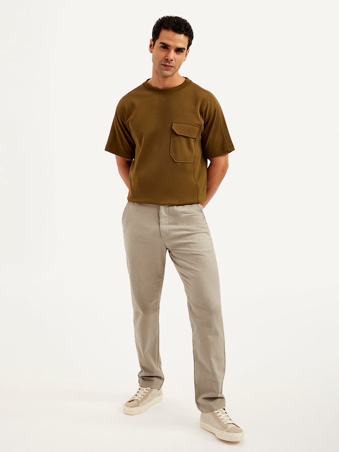 Men's Brown Authentic Straight Fit Linen Chinos - Styleshot View