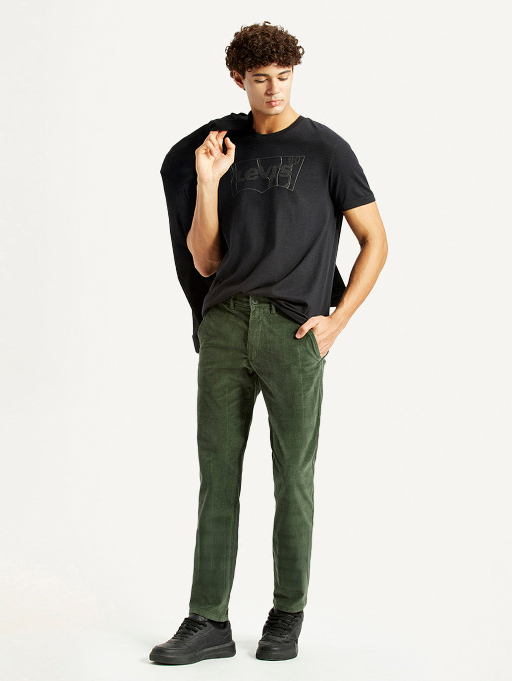 Men's Olive Green Slim Fit Corduroy Trousers - Styleshot View
