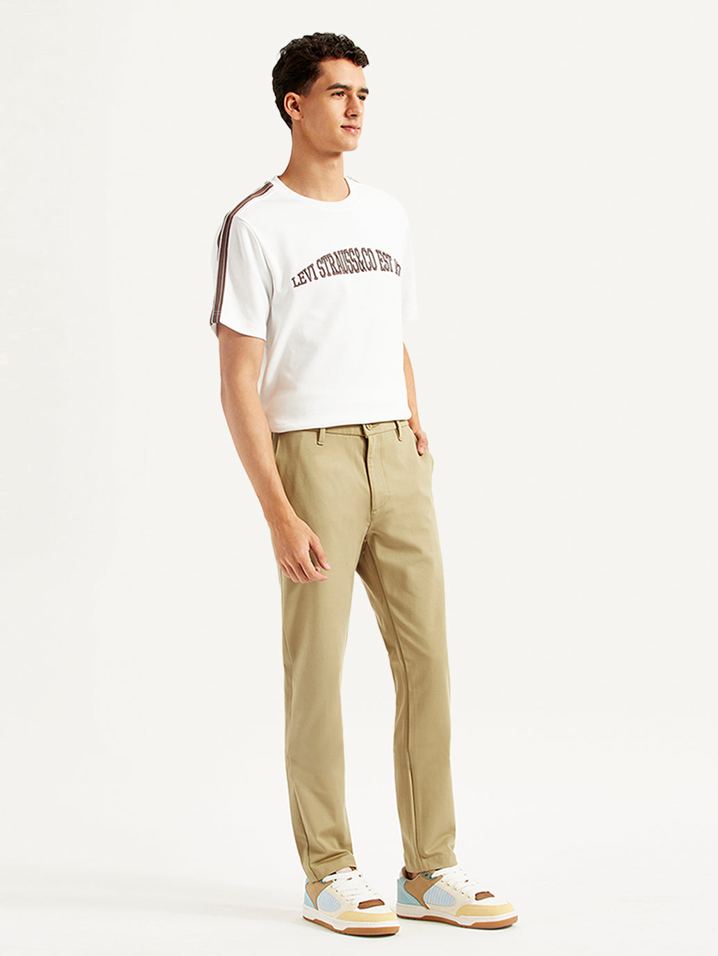 Men's Beige Slim Fit Tech Pant Chinos - Side View
