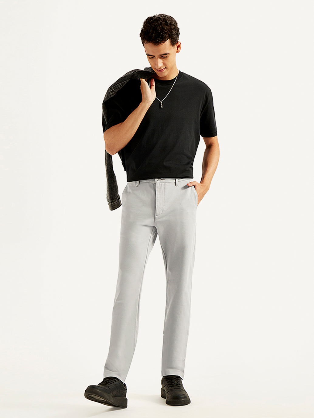 Men's Grey Slim Fit Tech Pants Chinos - Styleshot View