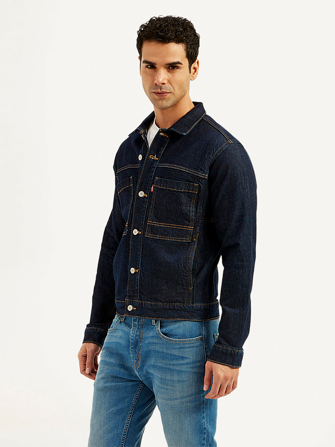 Men's Solid Navy Spread Collar Denim Jacket - 20 View