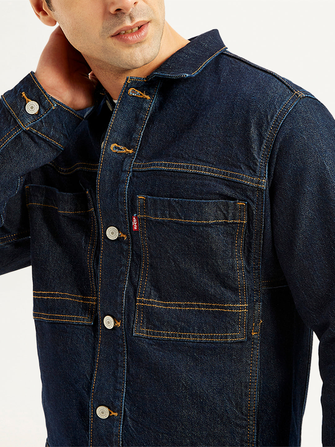 Men's Solid Navy Spread Collar Denim Jacket - Detail View