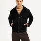 Men's Solid Black Spread Collar Denim Jacket - Front View