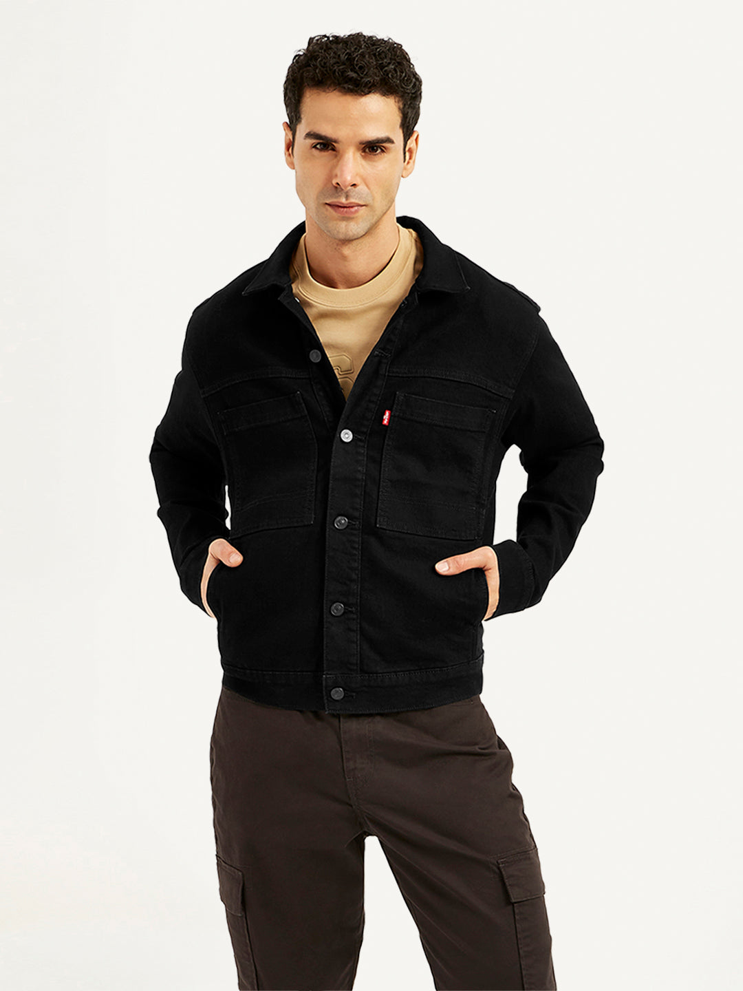 Men's Solid Black Spread Collar Denim Jacket - Front View