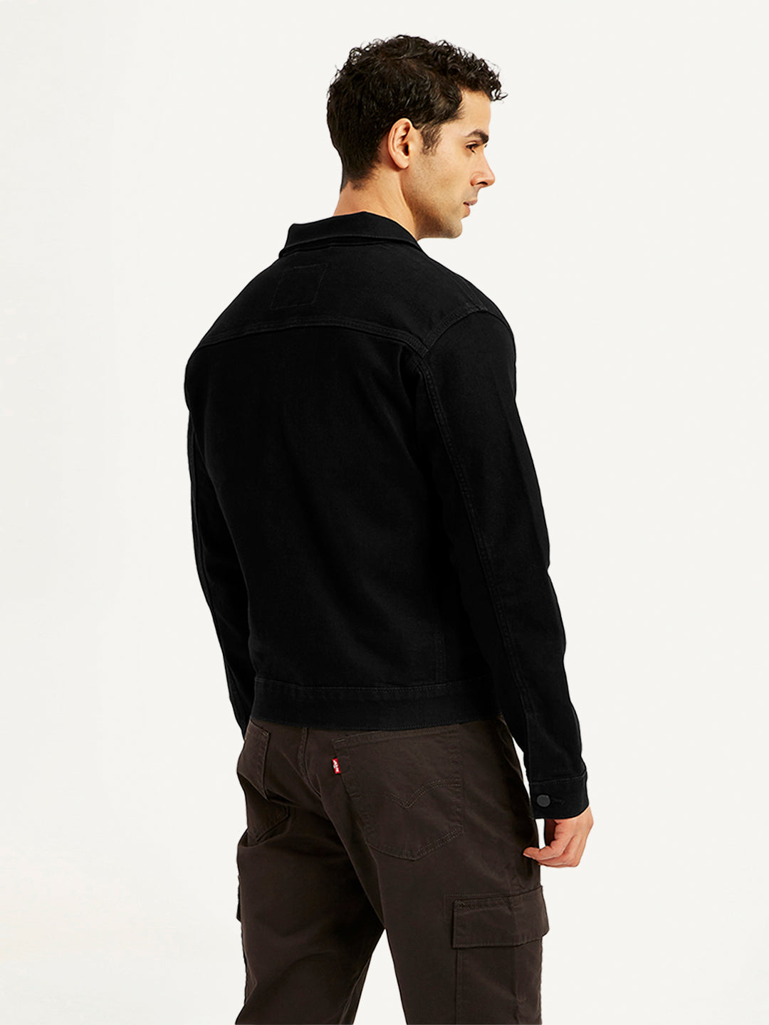 Men's Solid Black Spread Collar Denim Jacket - Back View