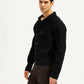 Men's Solid Black Spread Collar Denim Jacket - Side View