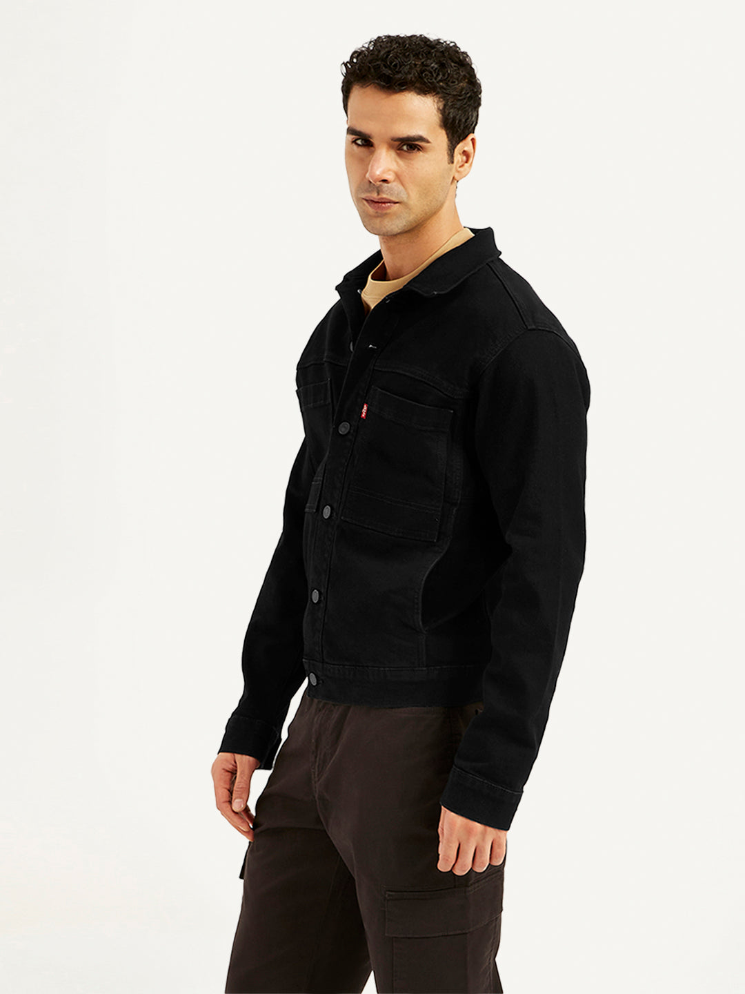 Men's Solid Black Spread Collar Denim Jacket - Side View