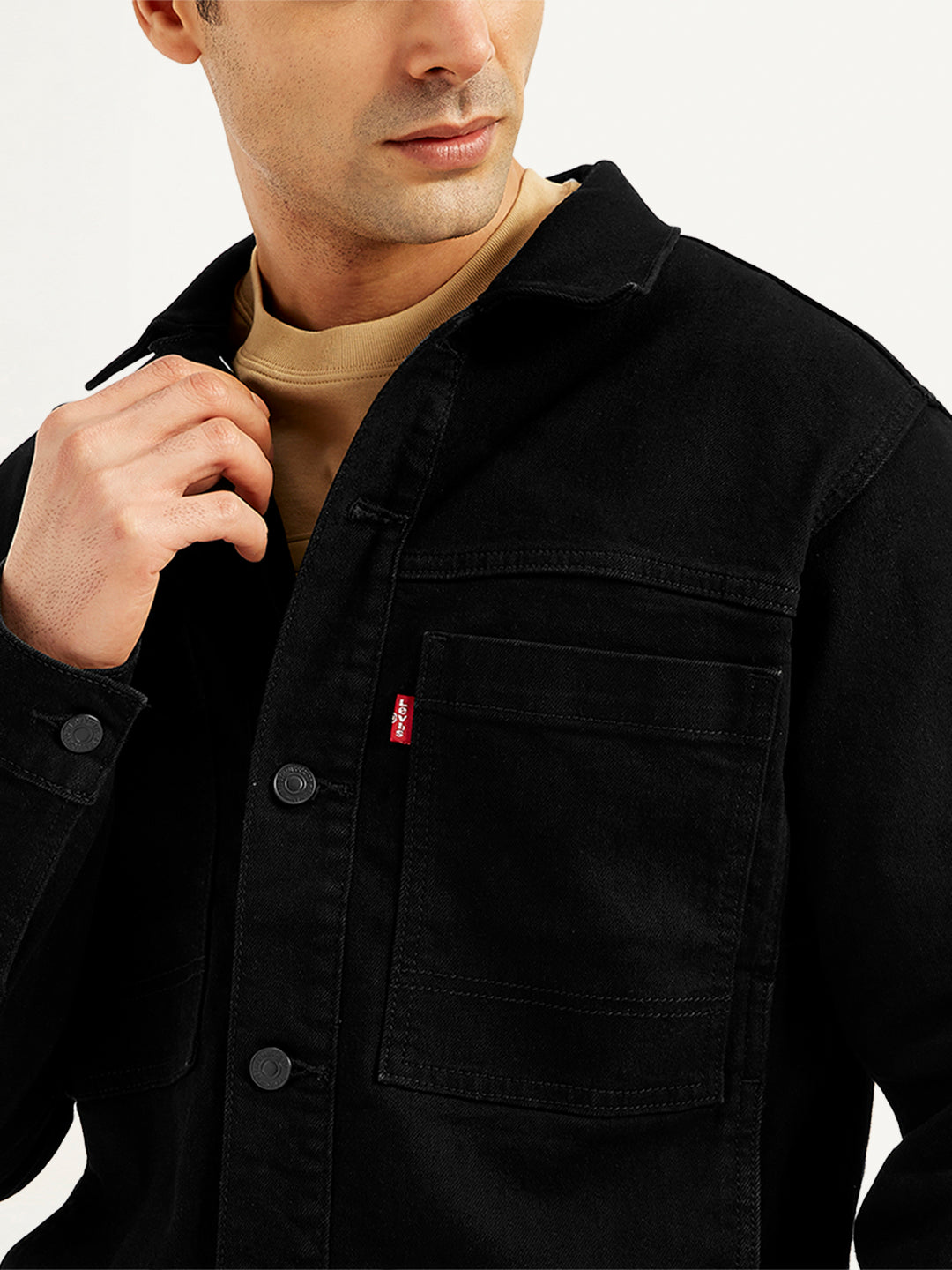Men's Solid Black Spread Collar Denim Jacket - Detail View