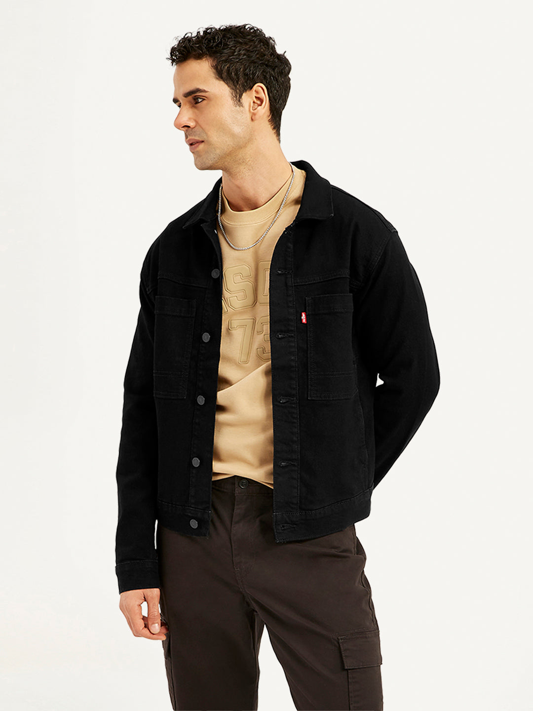 Men's Solid Black Spread Collar Denim Jacket - Styleshot View
