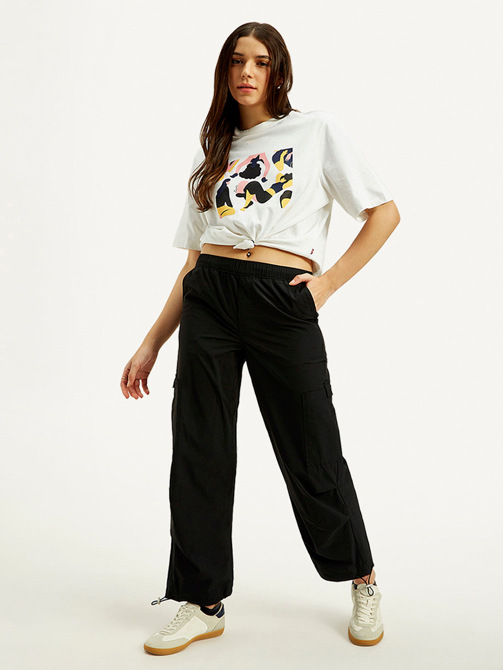 Women's Mid Rise Black Loose Fit Cargo Trousers - Styleshot View