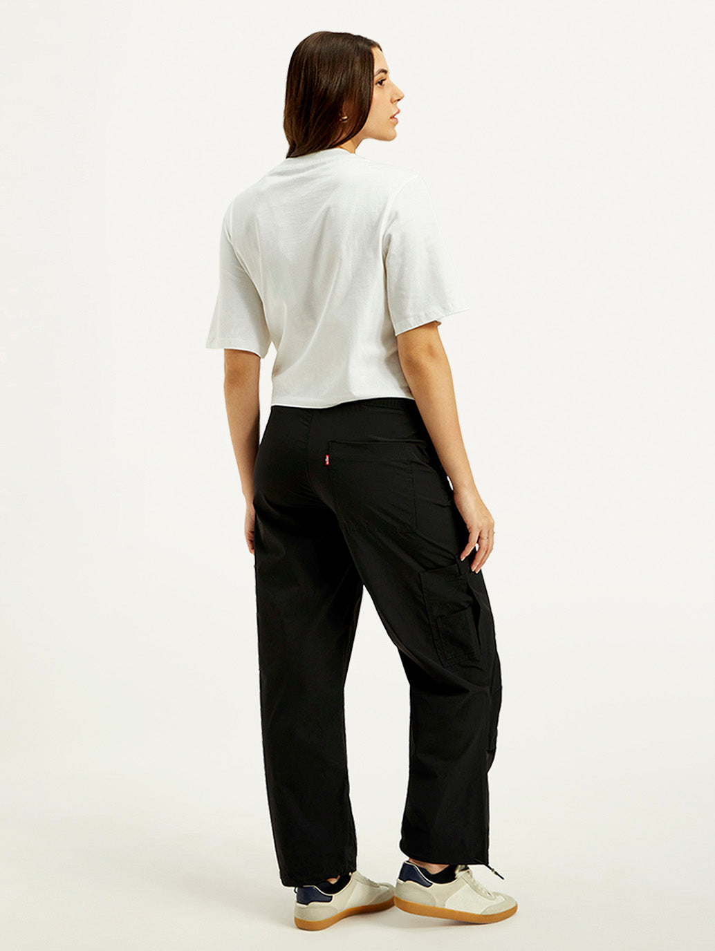 Women's Mid Rise Black Loose Fit Cargo Trousers - Back View