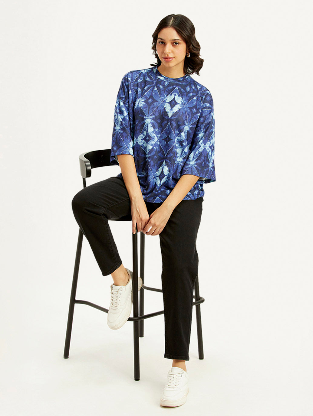 Women's Printed Blue Round Neck Top - Styleshot View