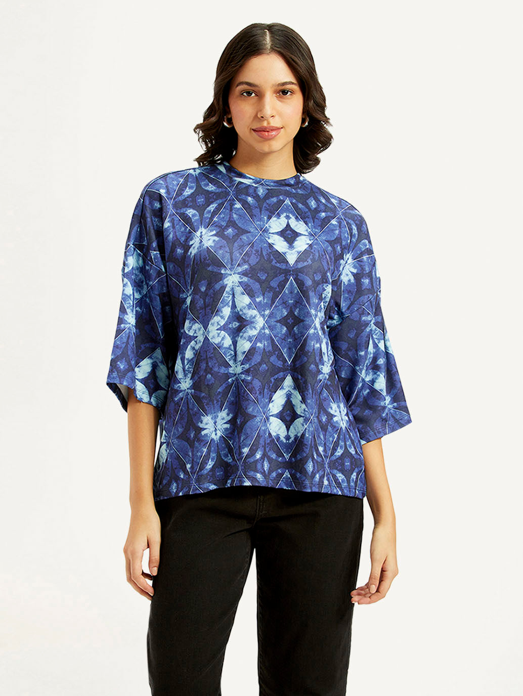 Women's Printed Blue Round Neck Top - Front View