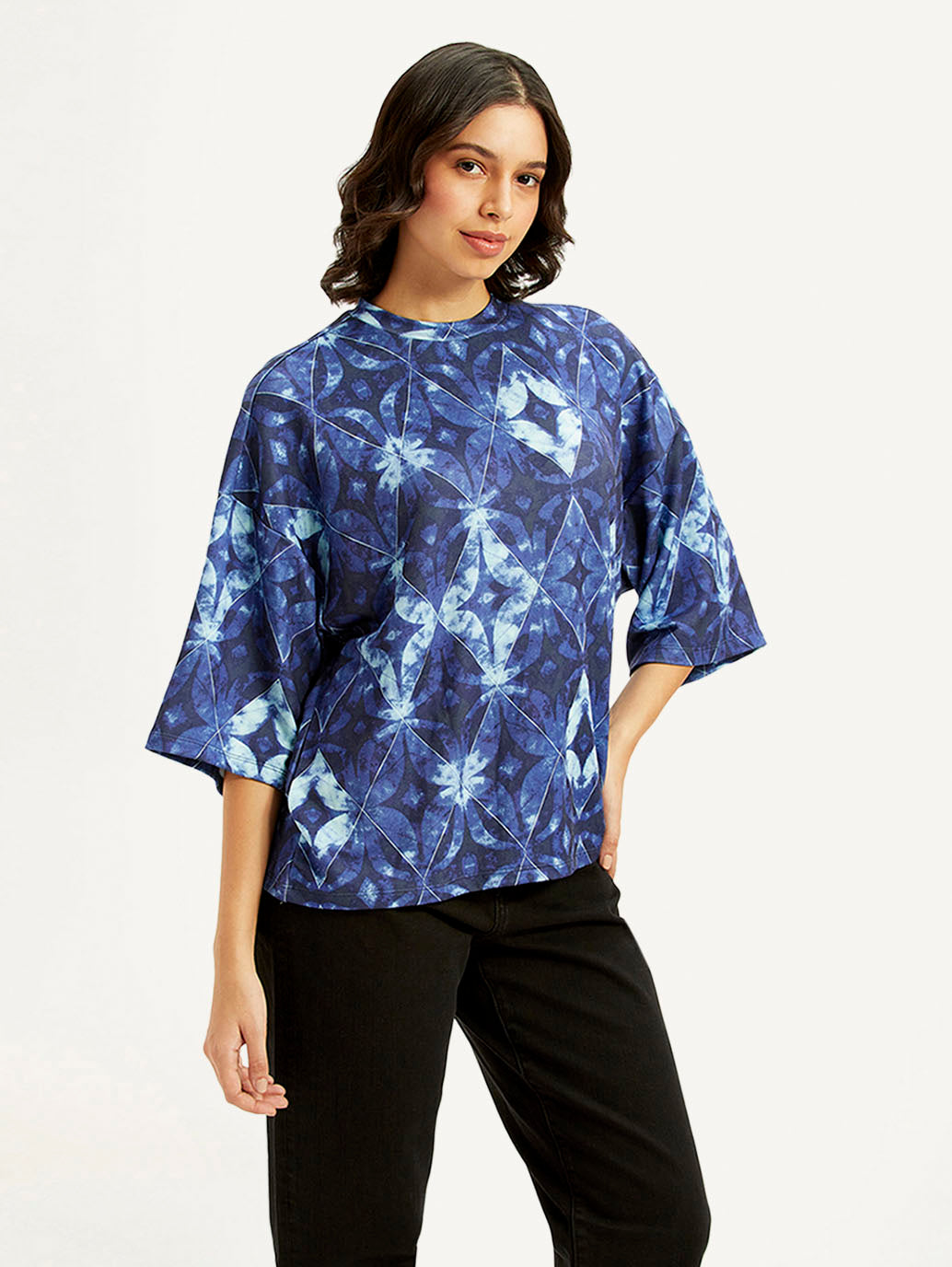 Women's Printed Blue Round Neck Top - Side View