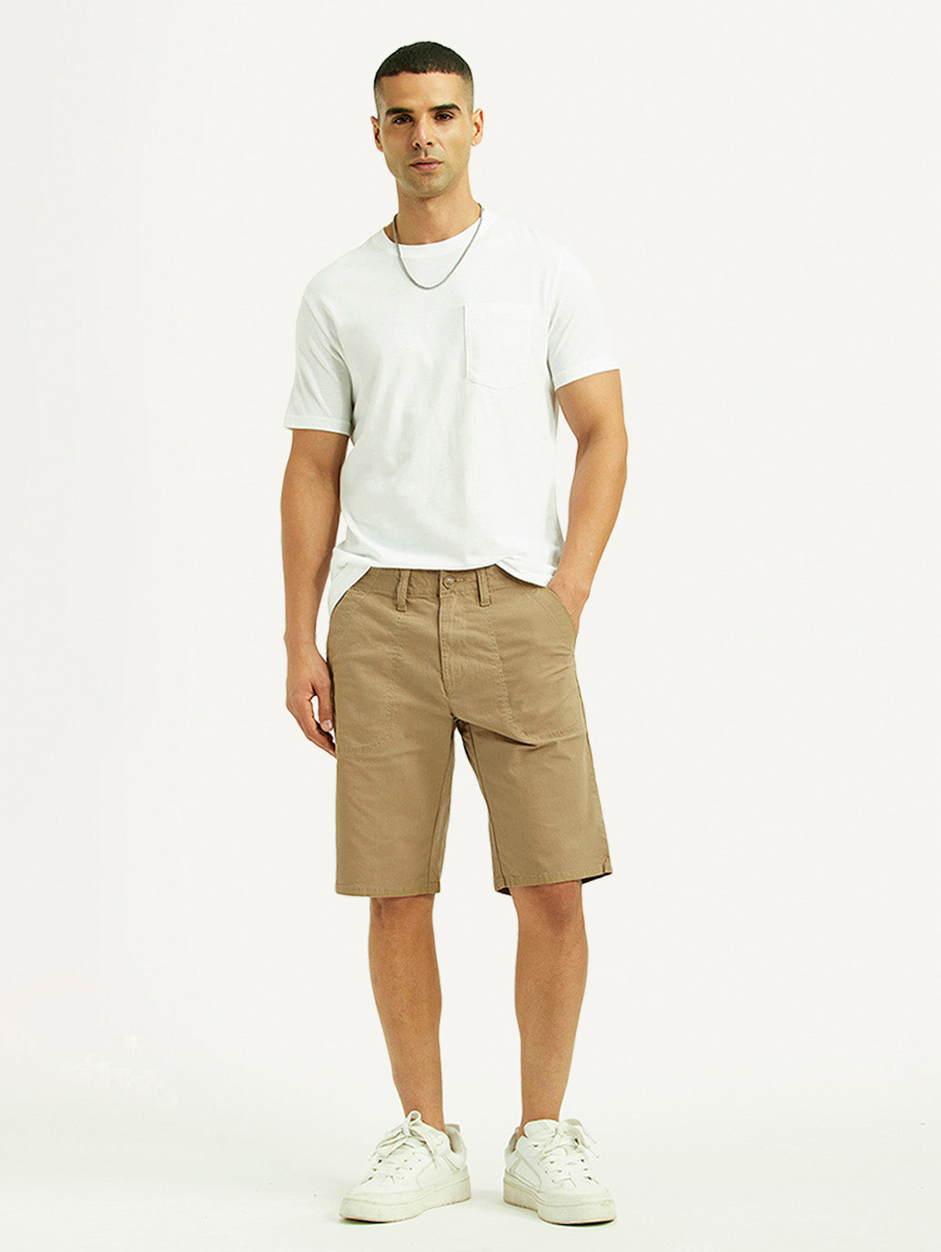 Men's Beige Tapered Fit Mid Rise Shorts - Styleshot View