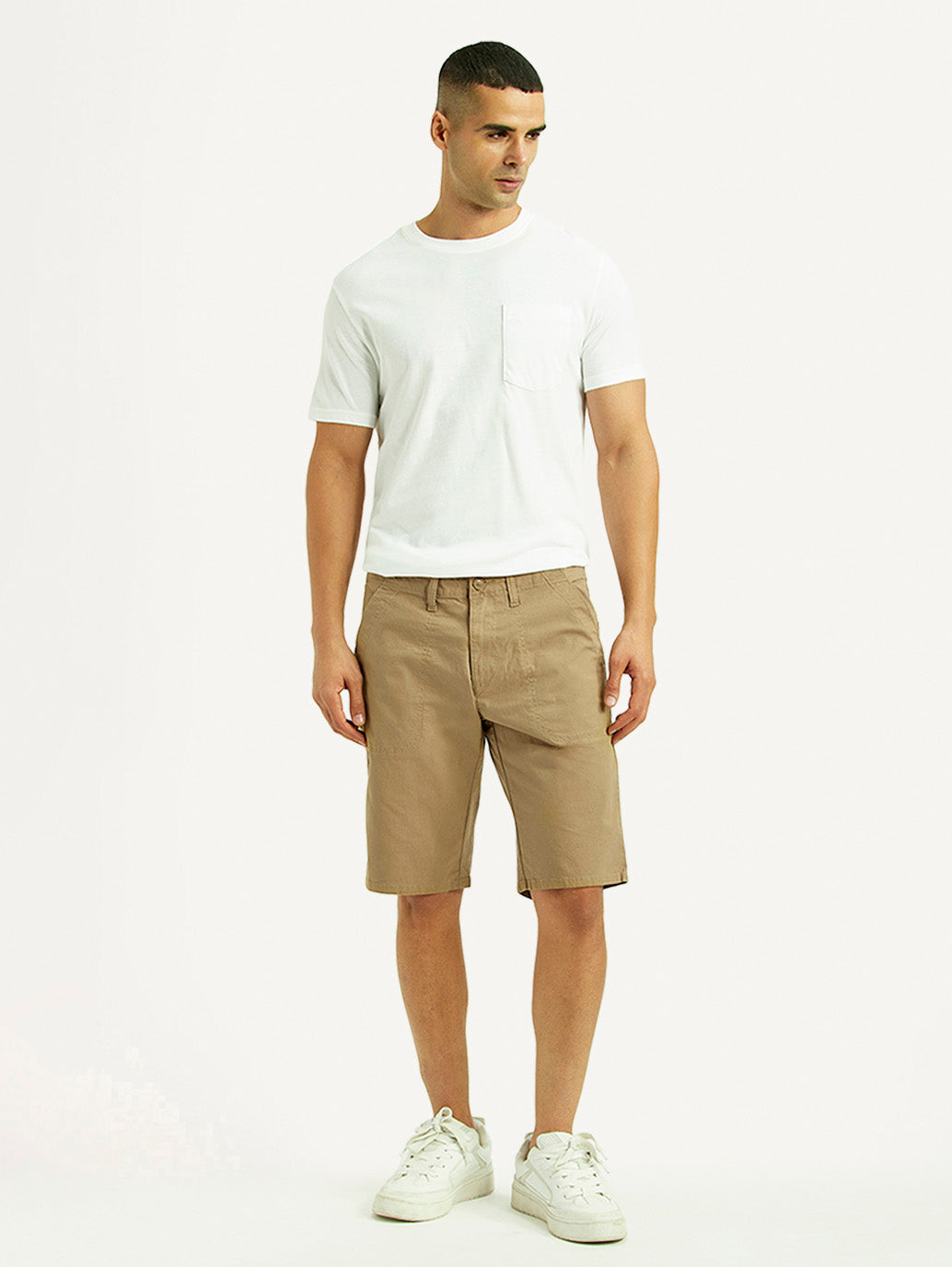 Men's Beige Tapered Fit Mid Rise Shorts - Front View