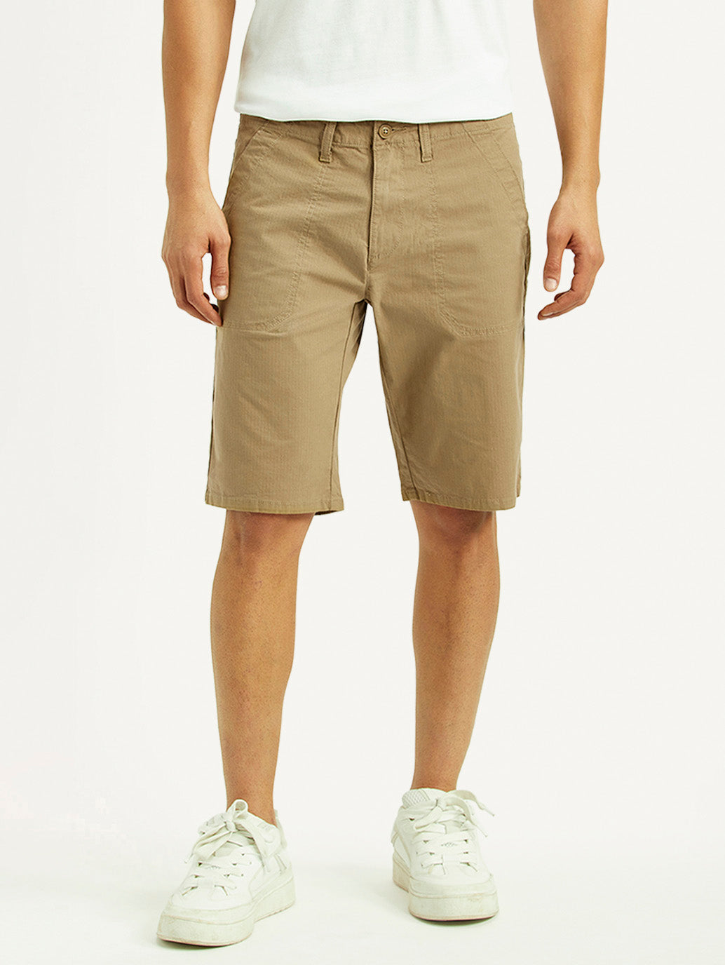 Men's Beige Tapered Fit Mid Rise Shorts - Front View