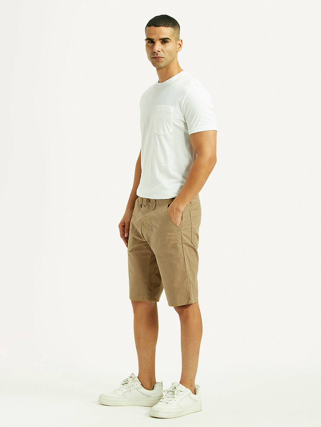 Men's Beige Tapered Fit Mid Rise Shorts - Side View