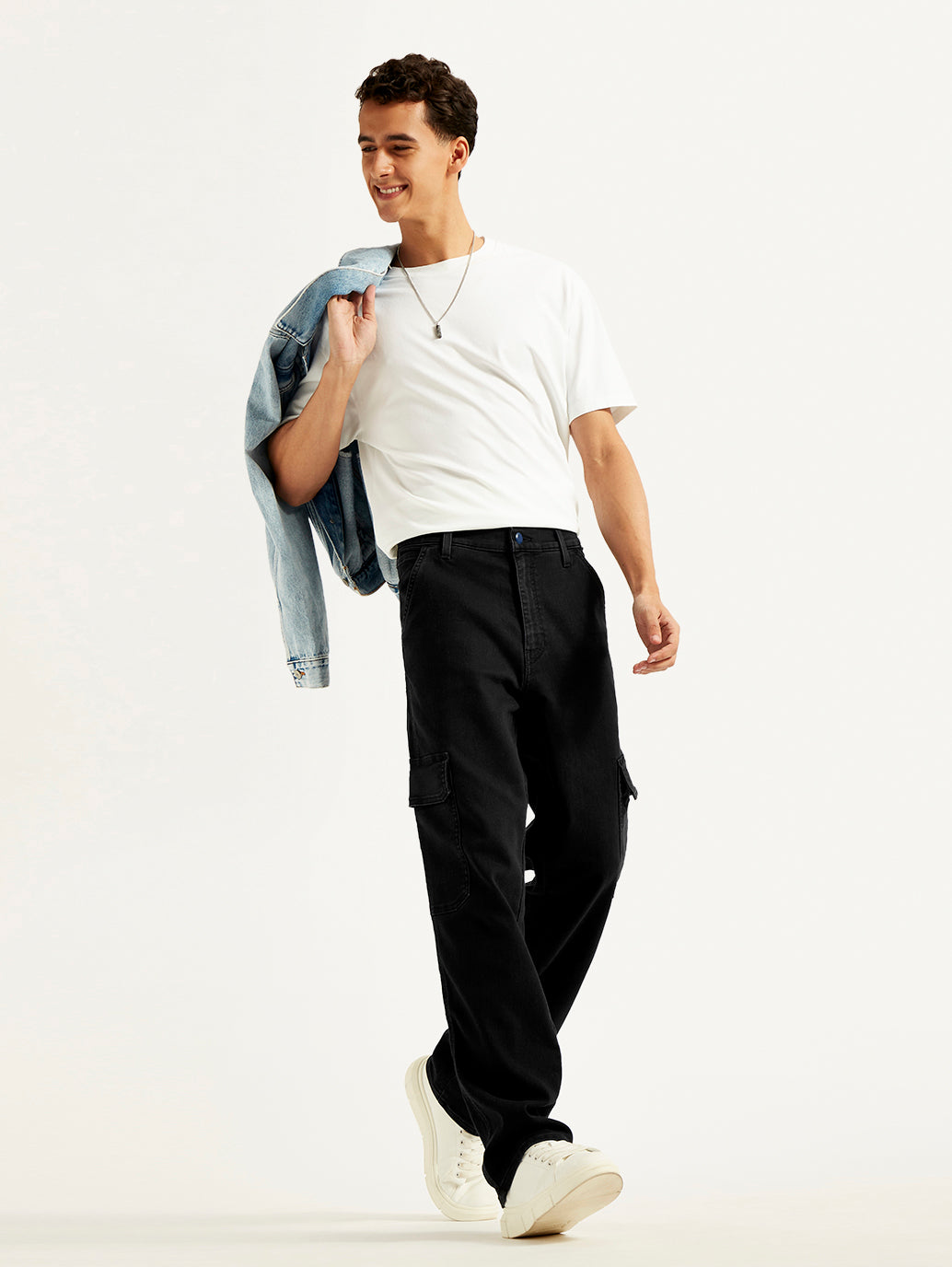 Men's 568 Black Loose Straight Cargo Trousers - Elevated View