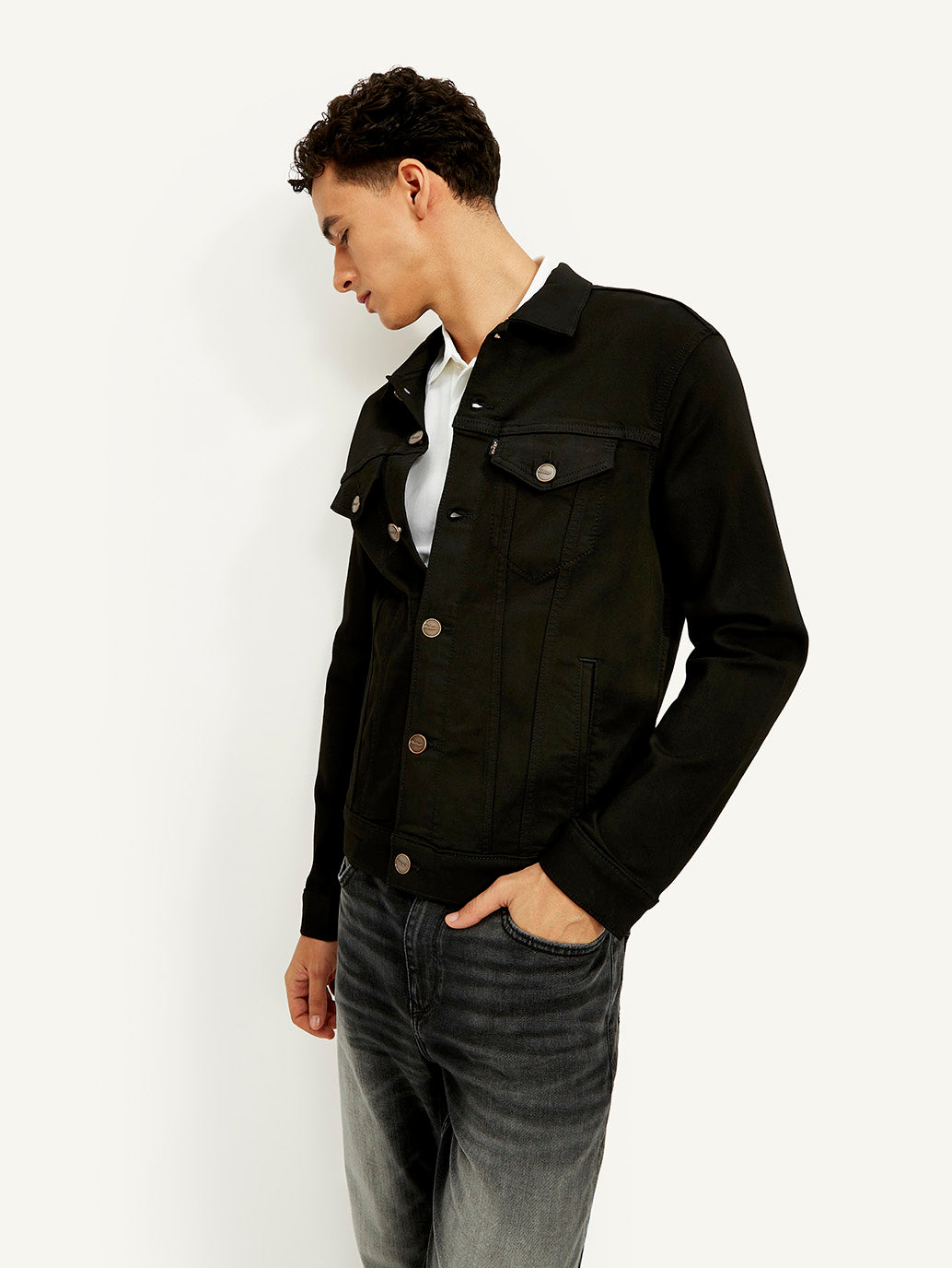 Men's Redloop Solid Black Spread Collar Jacket