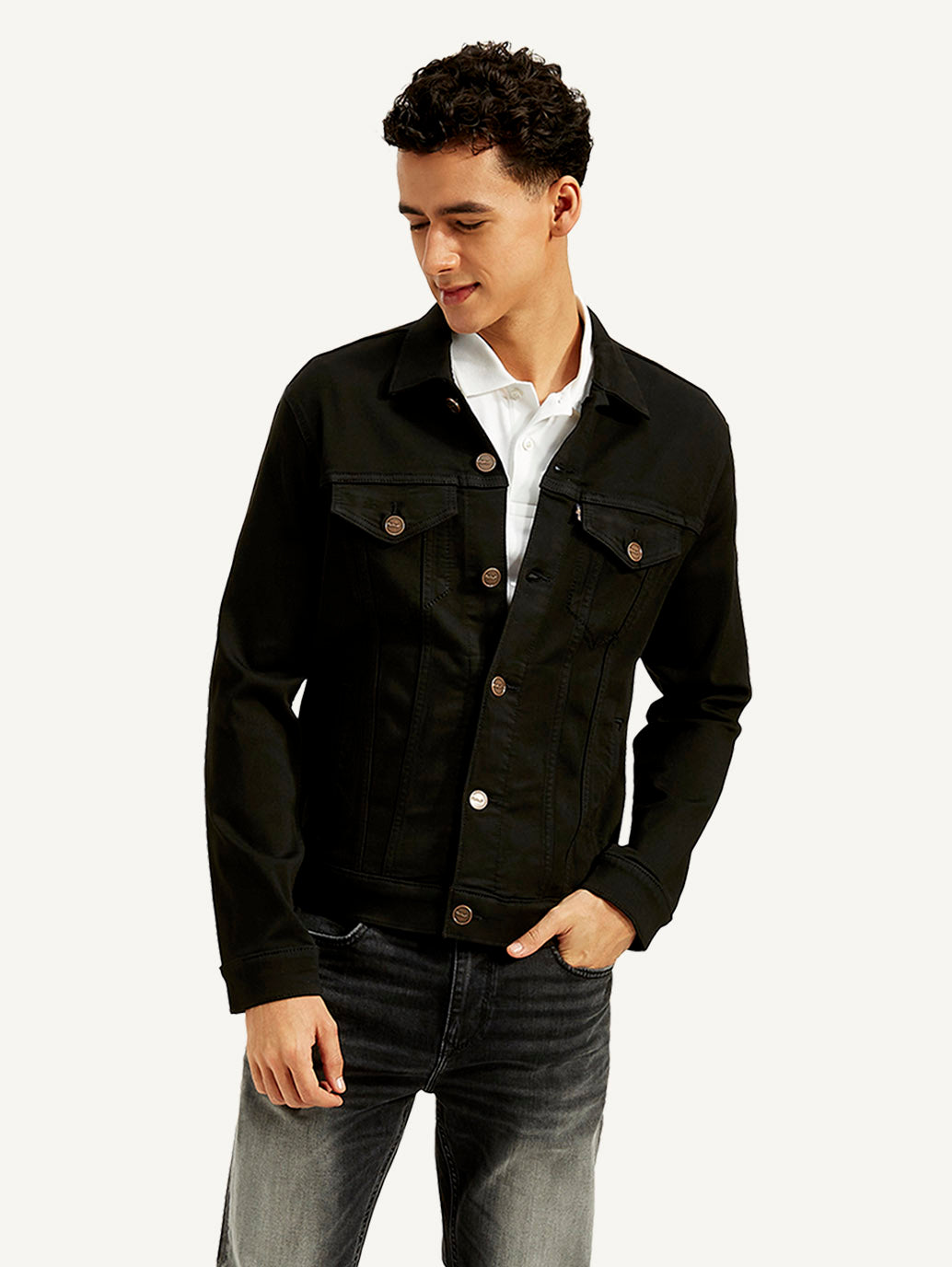 Men's Redloop Solid Black Spread Collar Jacket - Styleshot View