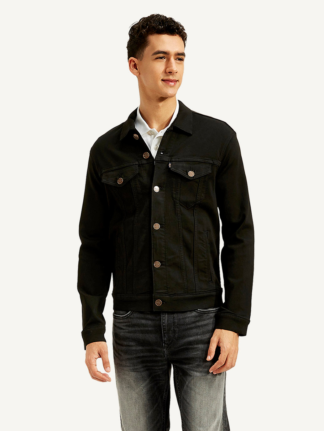 Men's Redloop Solid Black Spread Collar Jacket - Front View