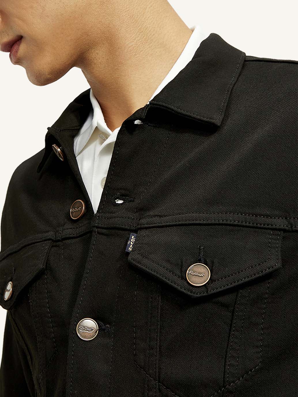 Men's Redloop Solid Black Spread Collar Jacket - Detail View