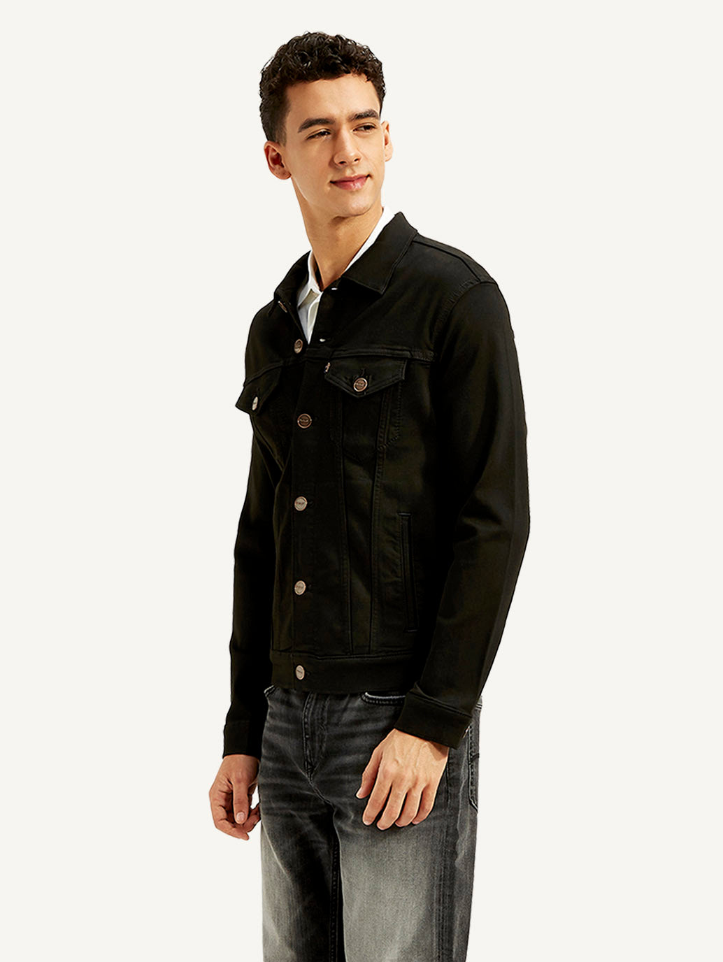 Men's Redloop Solid Black Spread Collar Jacket - Side View
