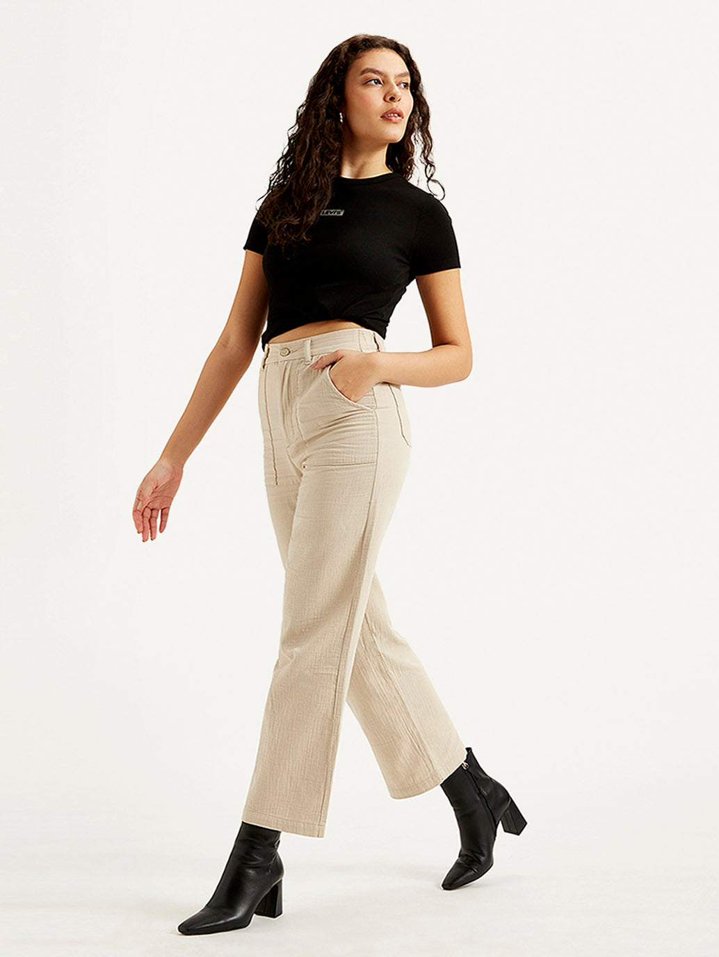 Women's High Rise Beige Loose Fit Trousers - Styleshot View