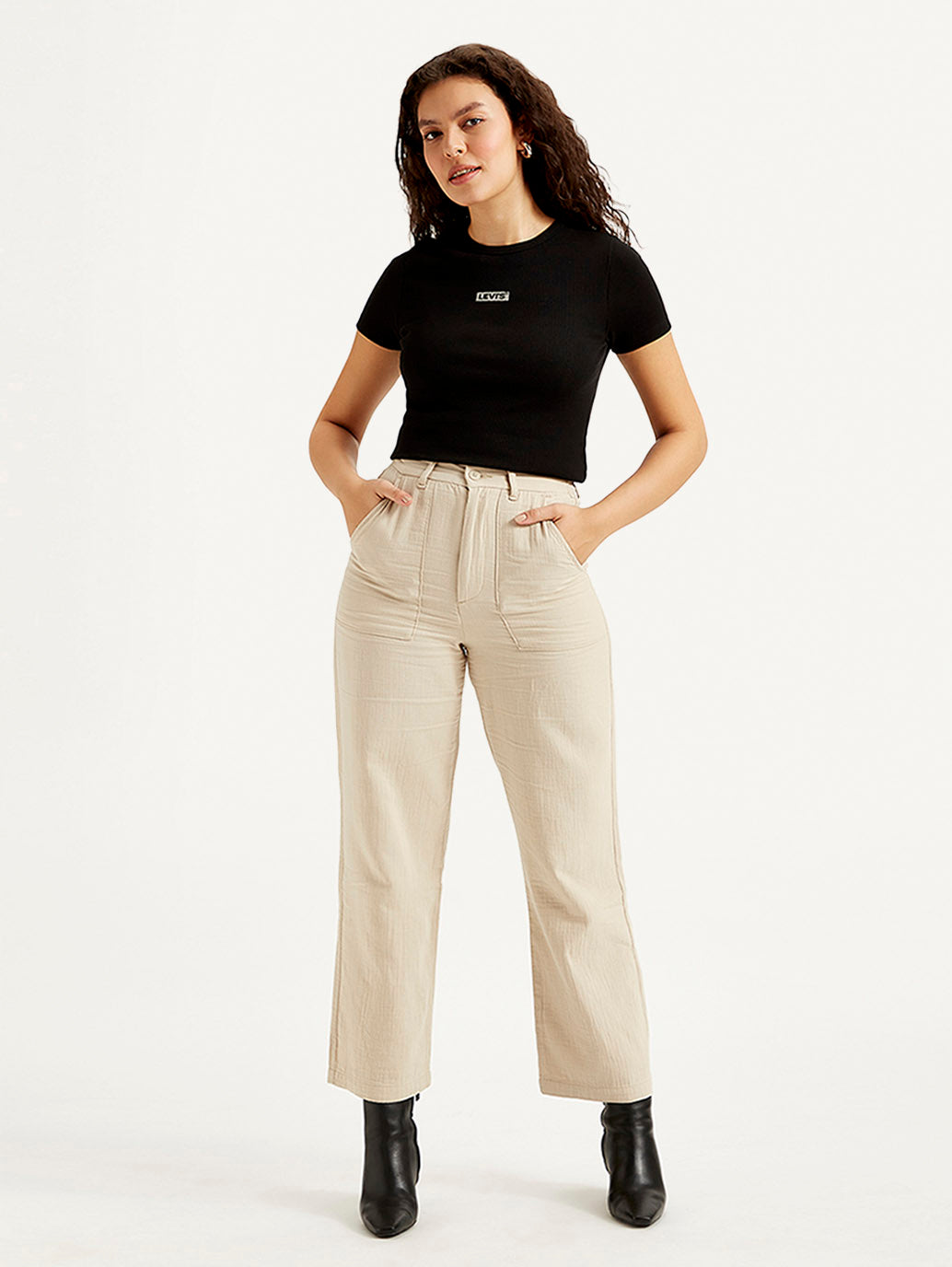 Women's High Rise Beige Loose Fit Trousers - Front View