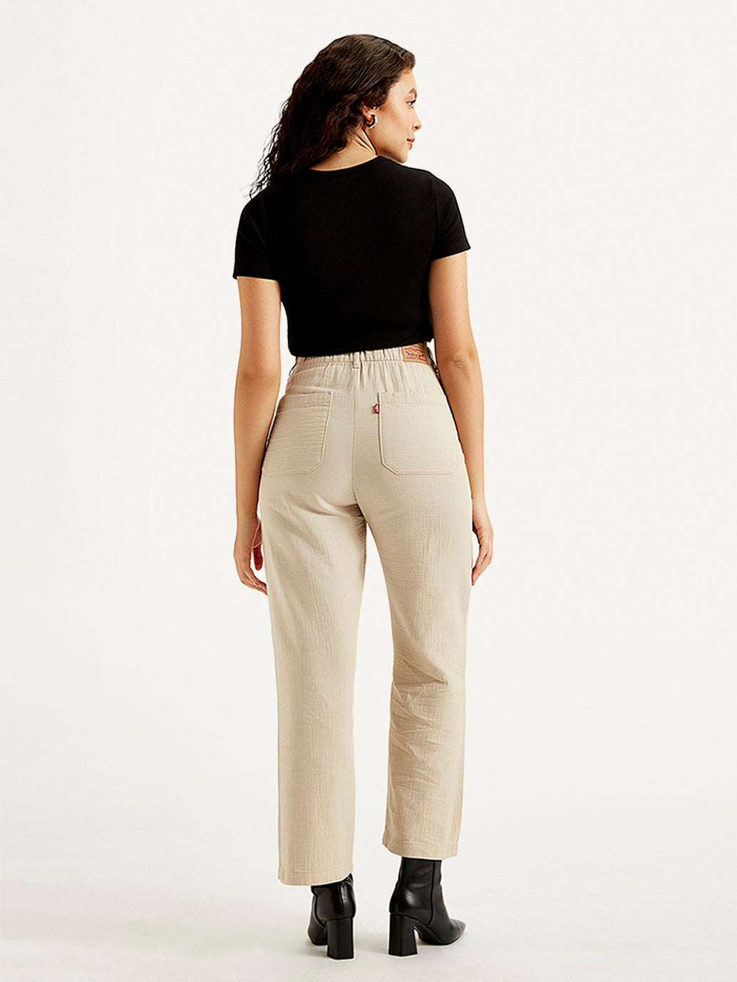 Women's High Rise Beige Loose Fit Trousers - Back View
