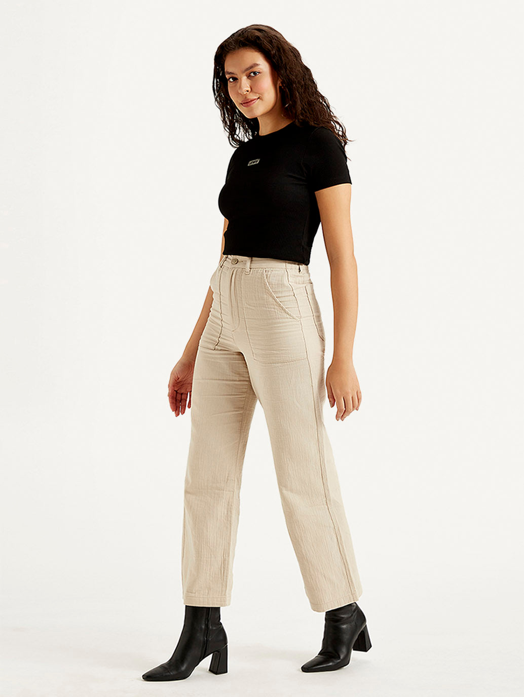 Women's High Rise Beige Loose Fit Trousers - Side View