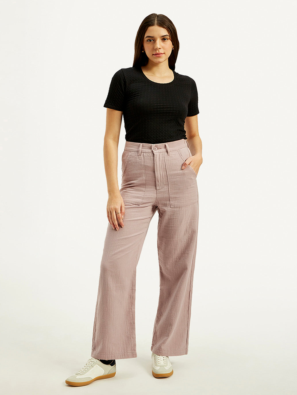 Women's High Rise Purple Loose Fit Trousers - Front View