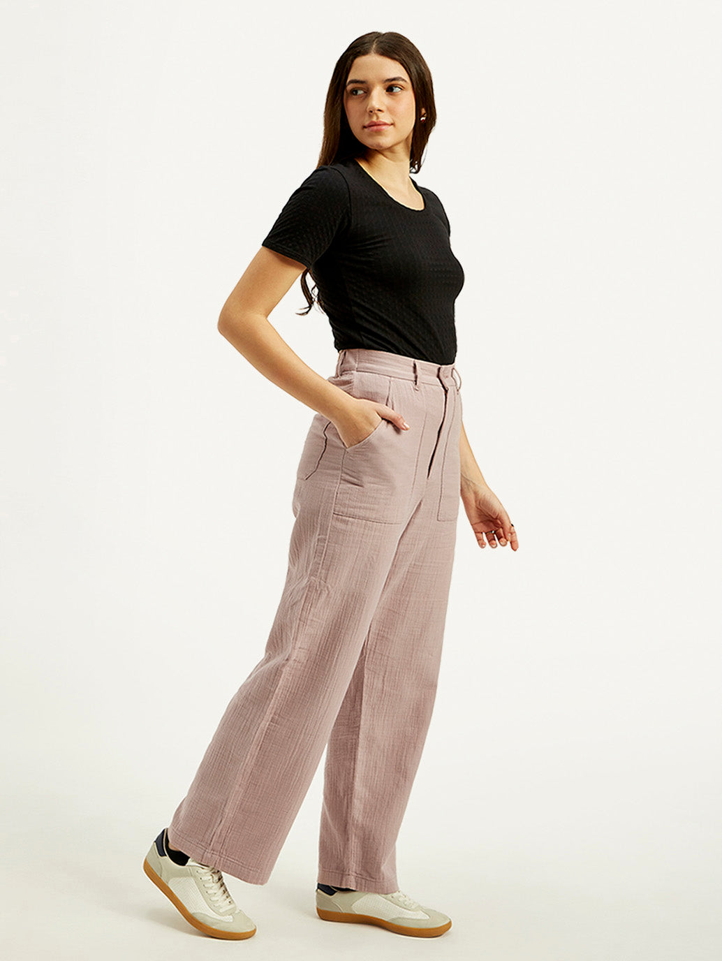 Women's High Rise Purple Loose Fit Trousers - Side View