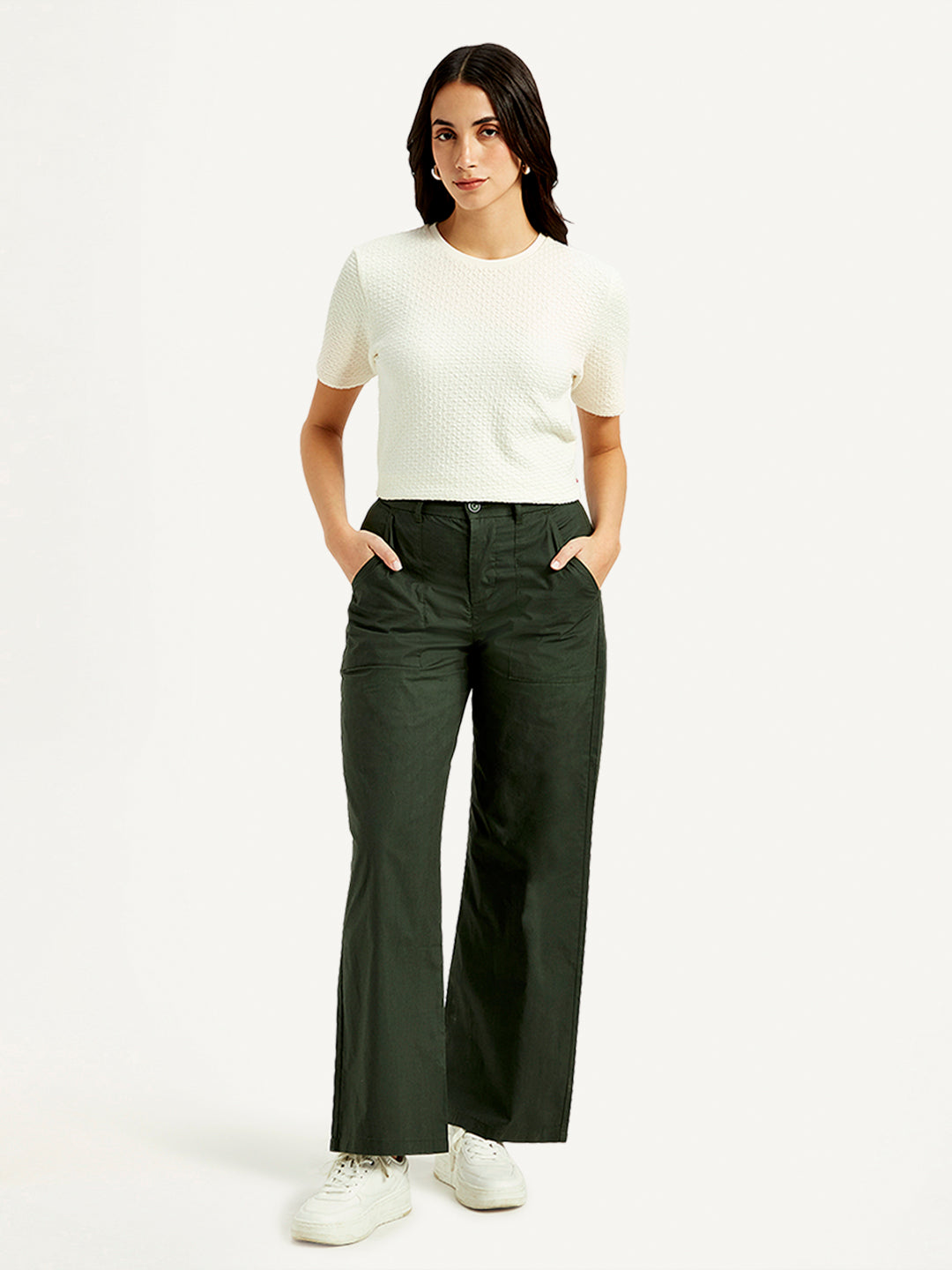 Women's High Rise Olive Straight Fit Trousers - Front View