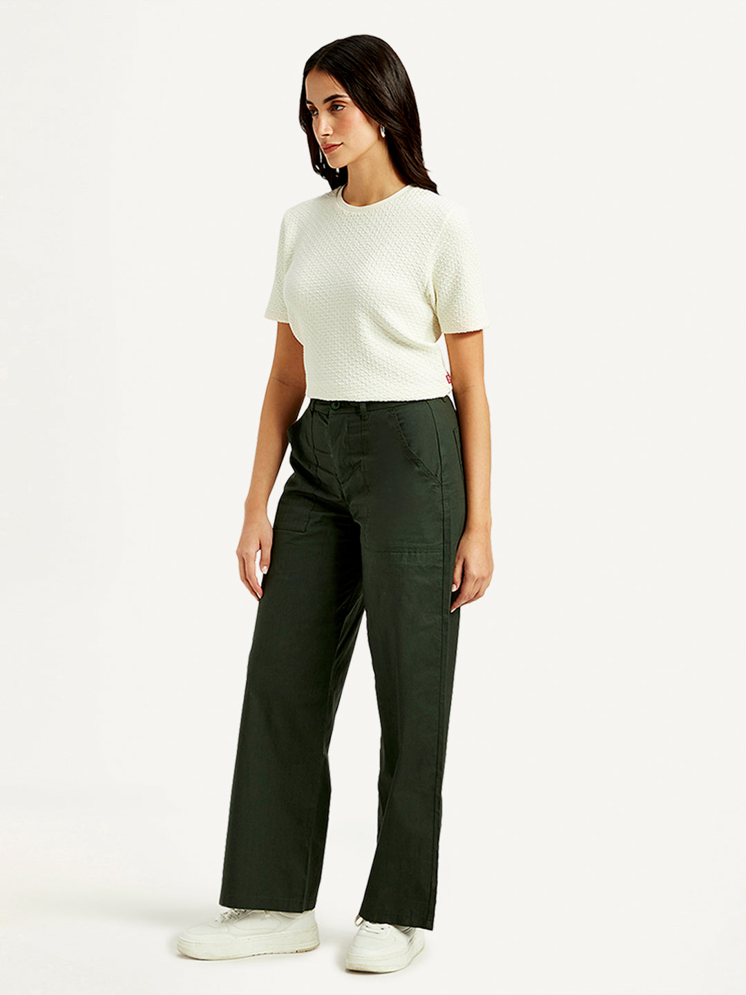 Women's High Rise Olive Straight Fit Trousers - Side View