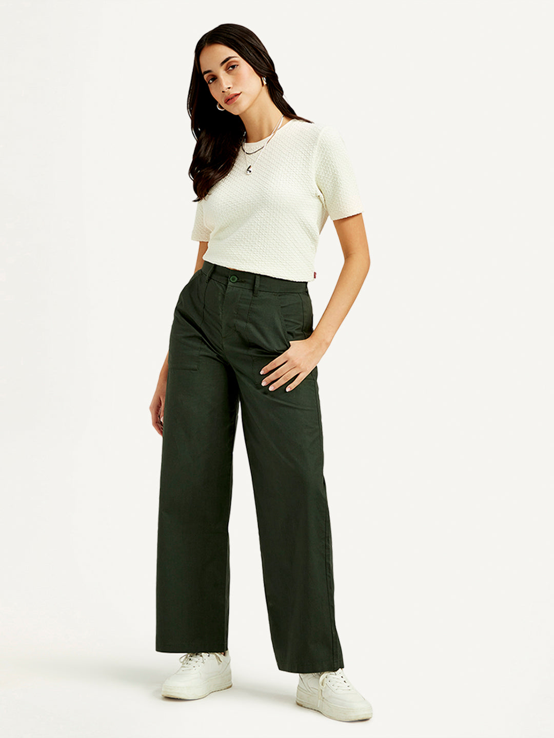 Women's High Rise Olive Straight Fit Trousers - Styleshot View