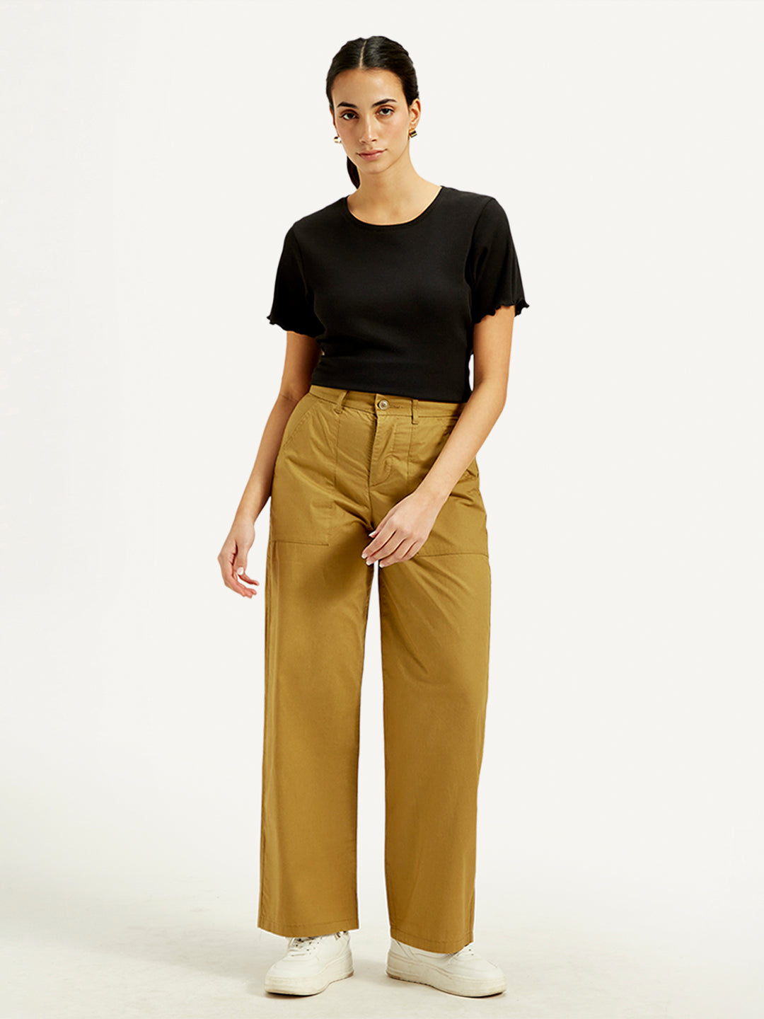 Women's Mid Rise Mustard Straight Fit Trousers - Front View