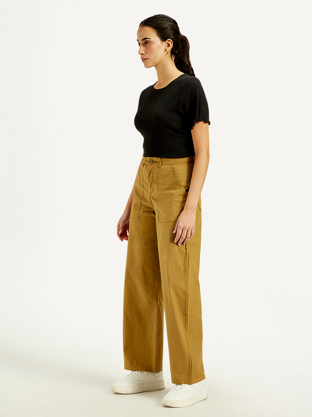 Women's Mid Rise Mustard Straight Fit Trousers - Side View