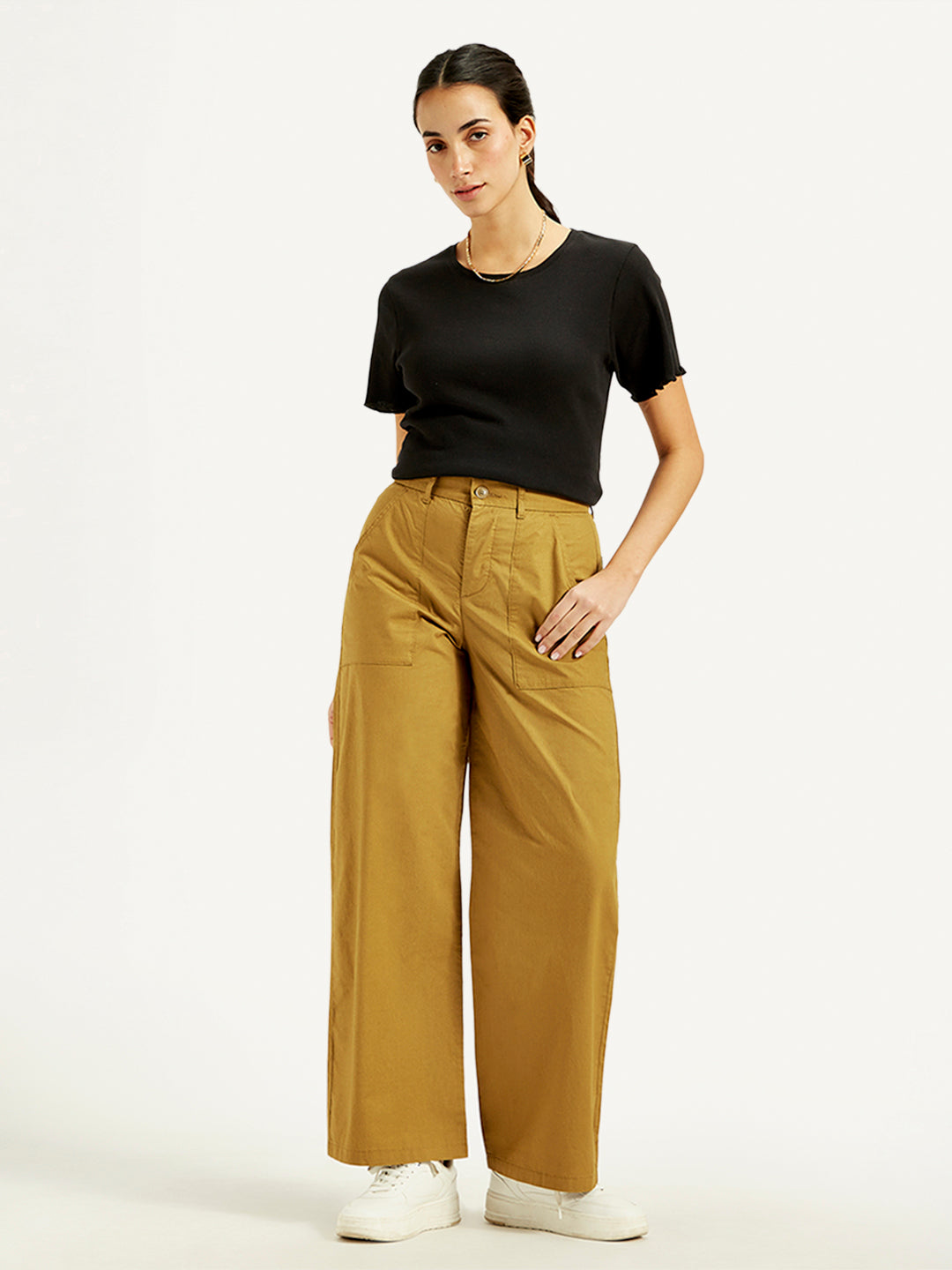 Women's Mid Rise Mustard Straight Fit Trousers - Styleshot View