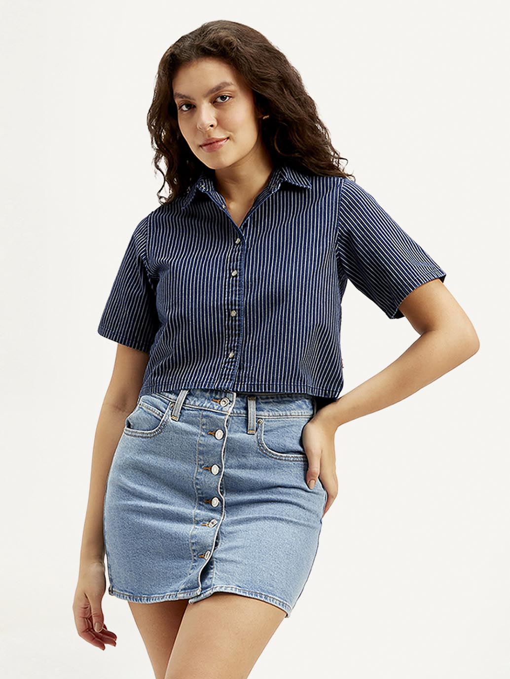 Women's Striped Spread Collar Shirt - Styleshot View