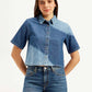 Women's Colorblock Spread Collar Denim Shirt - Front View