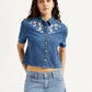 Women's Embroidered Blue Spread Collar Shirt - Styleshot View