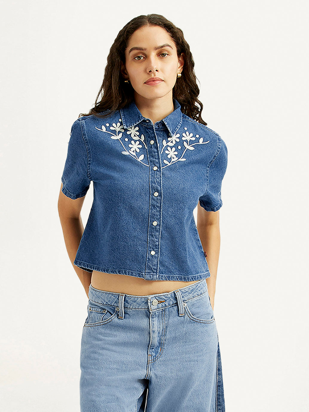 Women's Embroidered Blue Spread Collar Shirt - Styleshot View