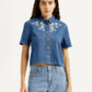 Women's Embroidered Blue Spread Collar Shirt - Front View