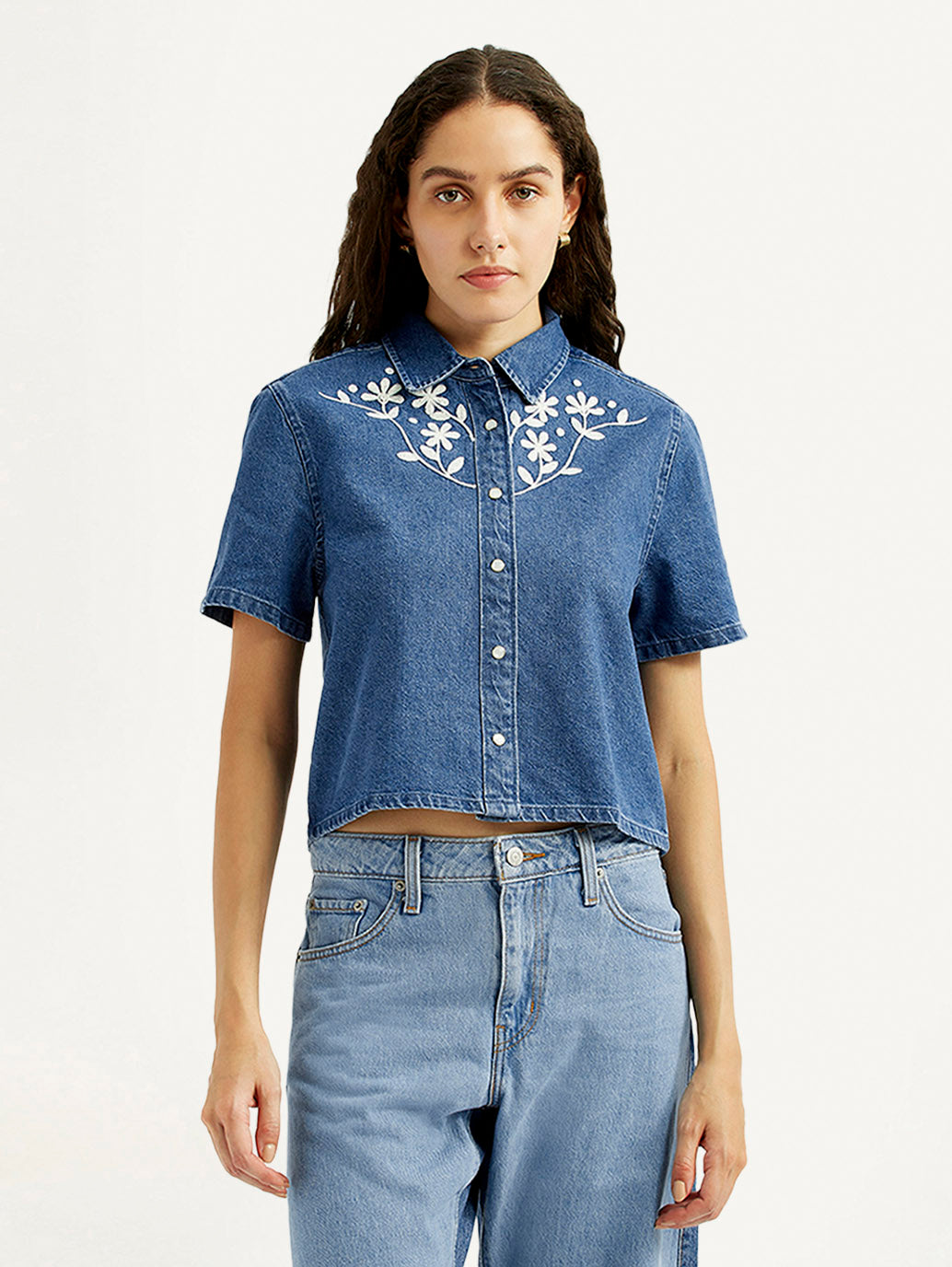 Women's Embroidered Blue Spread Collar Shirt - Front View